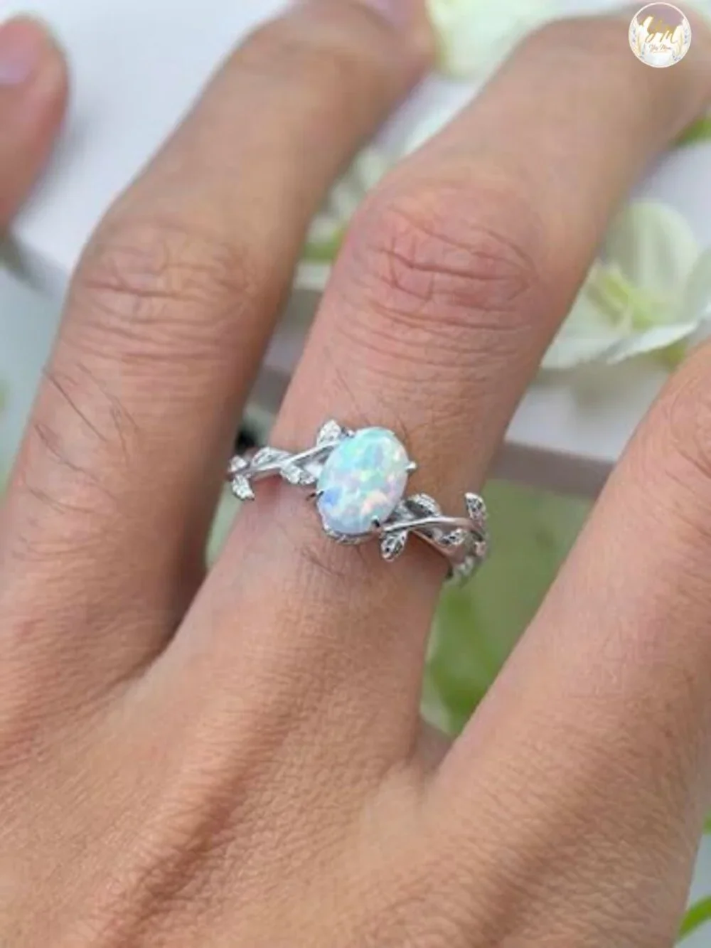 925 Sterling Silver Natural Moss Agate Ring Oval Opal Birthstone Leaf Promise